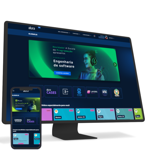 Celular e computador exibindo o site Alura Plus